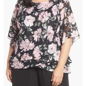 Alex Evening Flutter Sleeve Chiffon Blouse -Floral Layered Top Size 3X